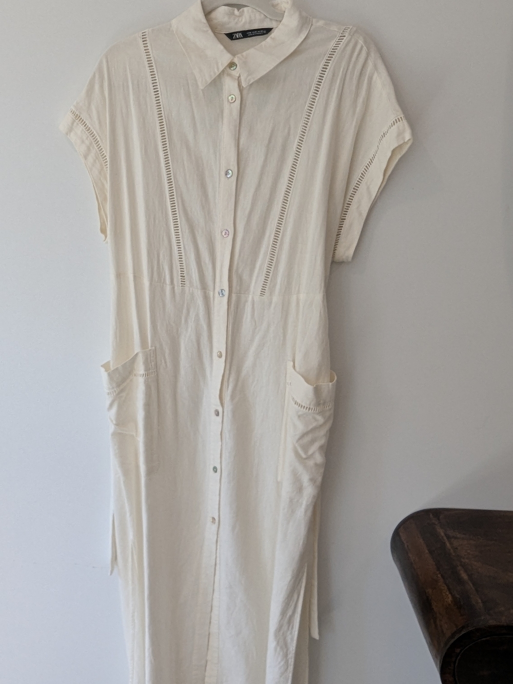 ZARA Cream Button-Front Belted Linen Dress - Picture 3 of 5